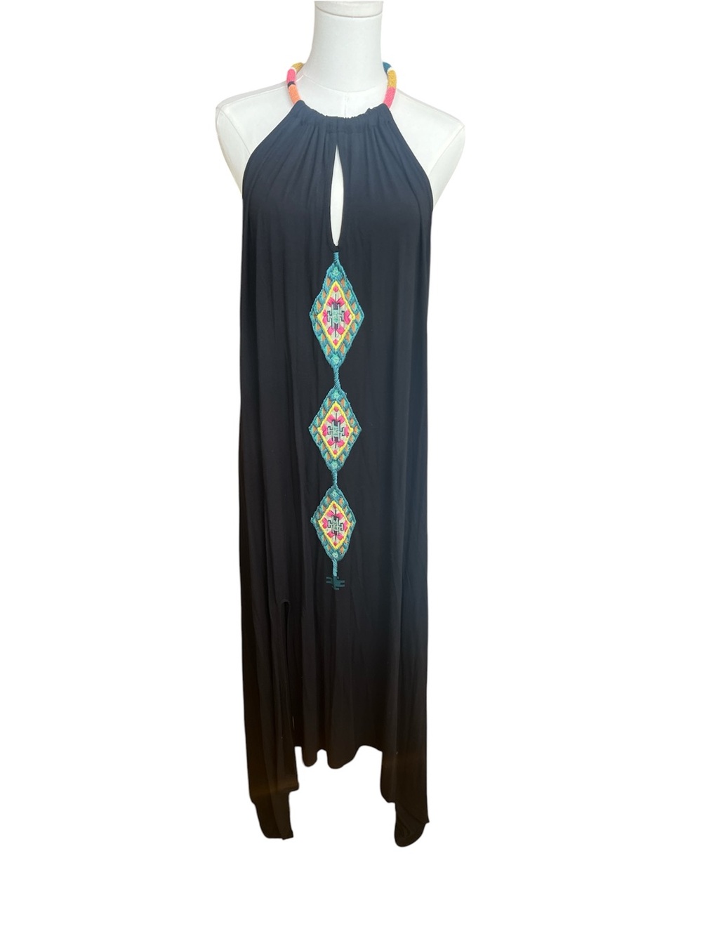 Double D Ranch Black Halter Maxi Dress with Multicolor Embroidery